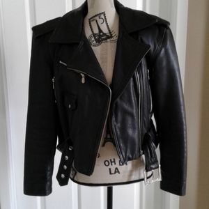Black leather biker motorcycle moto jacket.